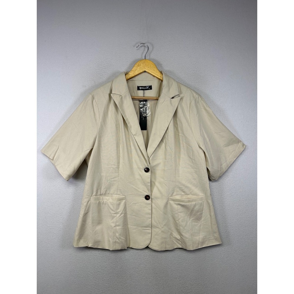 Coastal Grandma Allegra K Women XL Beige Cotton Linen Short Sleeve Blazer Pocket